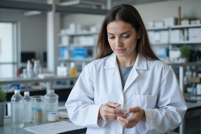 Científico examinando nutrientes en un laboratorio, simbolizando la desmitificación de la nutrición.