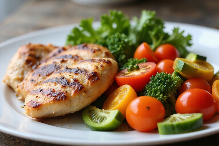 Plato colorido con verduras frescas y proteínas magras, representando una comida equilibrada.