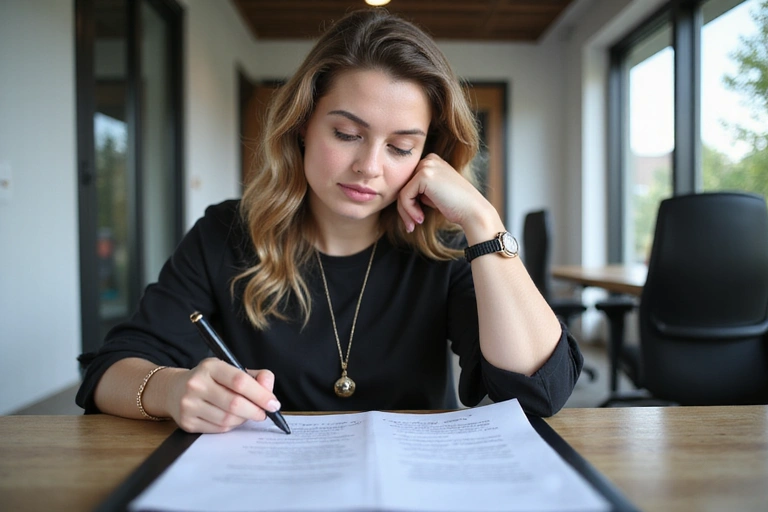 Mujer joven con una expresión pensativa, mirando un documento legal en un entorno de oficina moderno